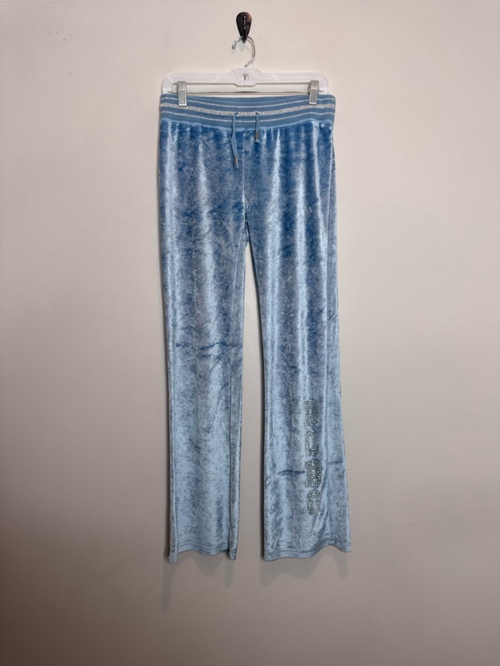 Y2K BCBG Velour Pants Ice Blue Medium Rhinestone Bling Lounge Pants Low Rise